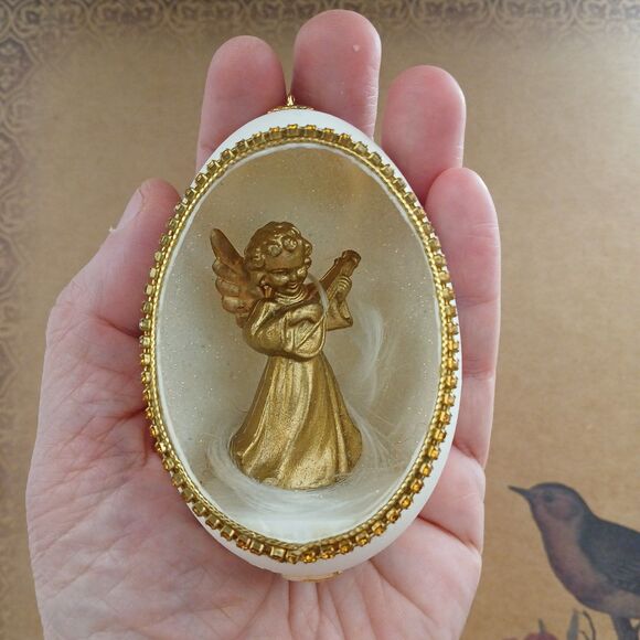 Christmas Egg Beautiful Golden Angel Ornament Holiday Tree Decoration Vintage - Picture 1 of 9
